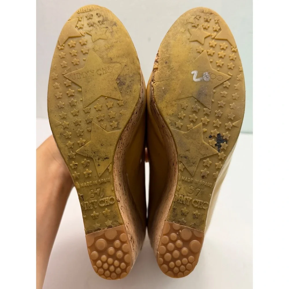 Jimmy Choo Mustard Patent Leather Cork Platform Wedge‎ Peep Toe Pumps Italy